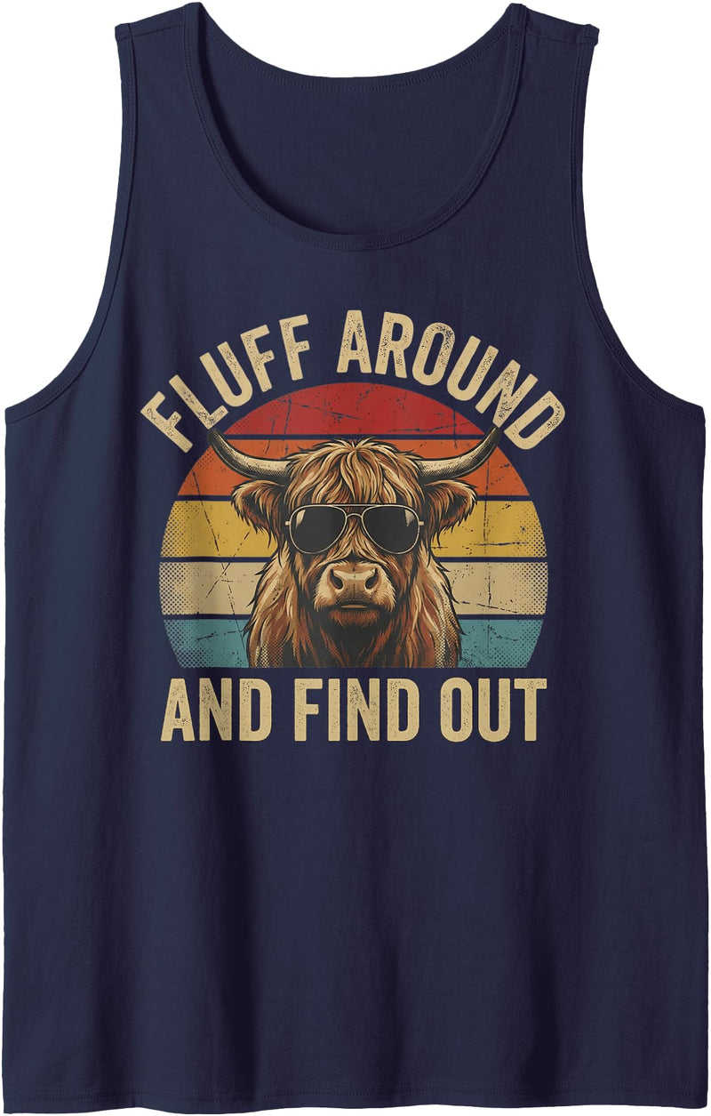 Funny Highland Cow Western Humor Fluff Around and Find Out Funny Retro Highland Cow Sunglasse Tank Top - Navy Blue