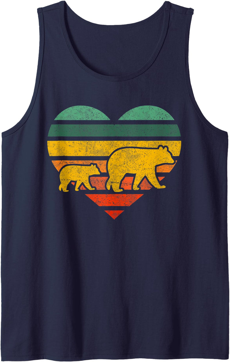Mama Bear One Cub Retro Heart Mothers Day Gift Tank Top - Navy Blue