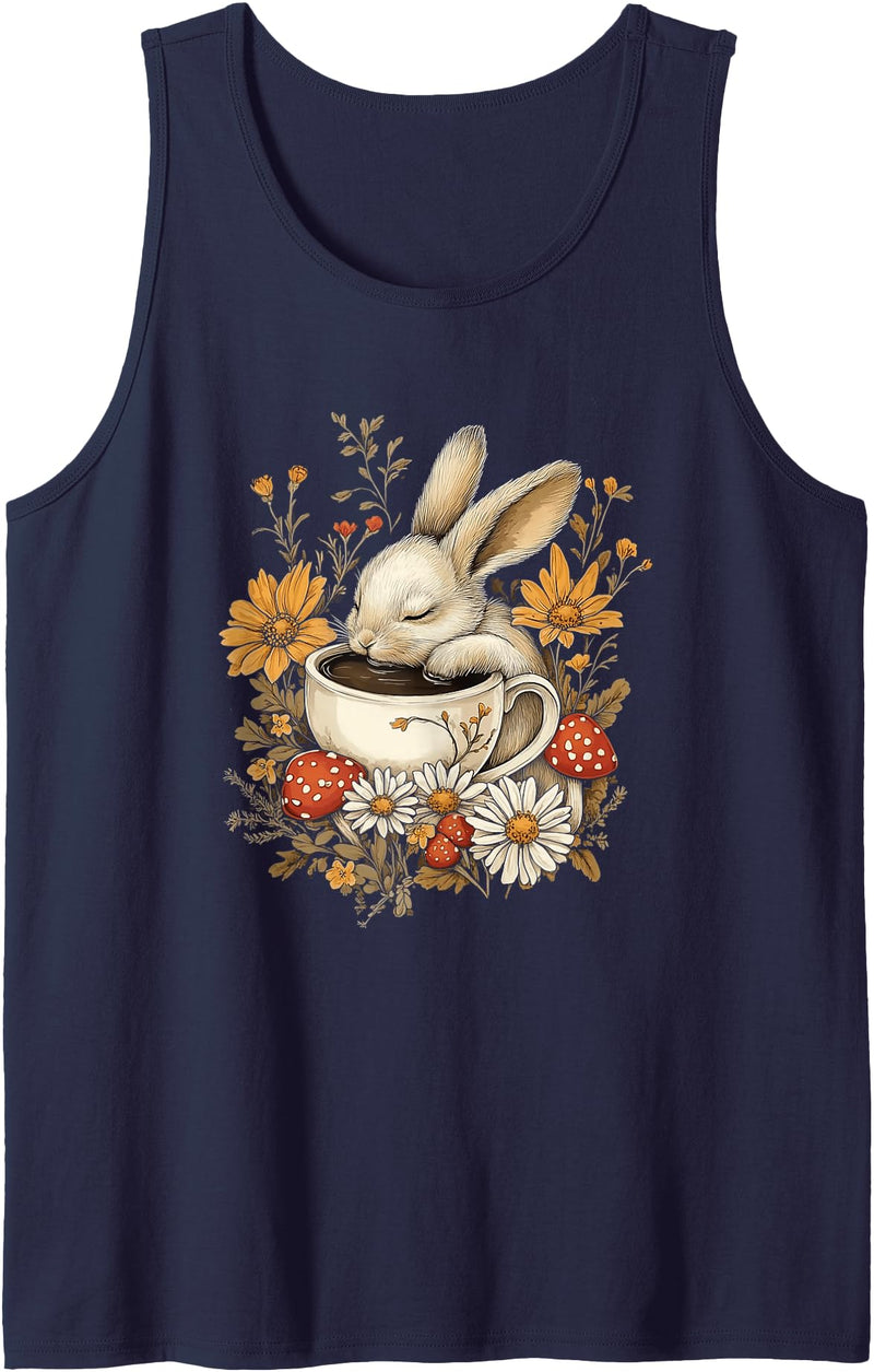Bunny Tea Cup Women Girl Aesthetic Tank Top in Navy Blue