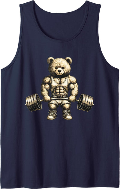 Funny Teddy Bear Lifting Weights Gym Workout Animal Tank Top