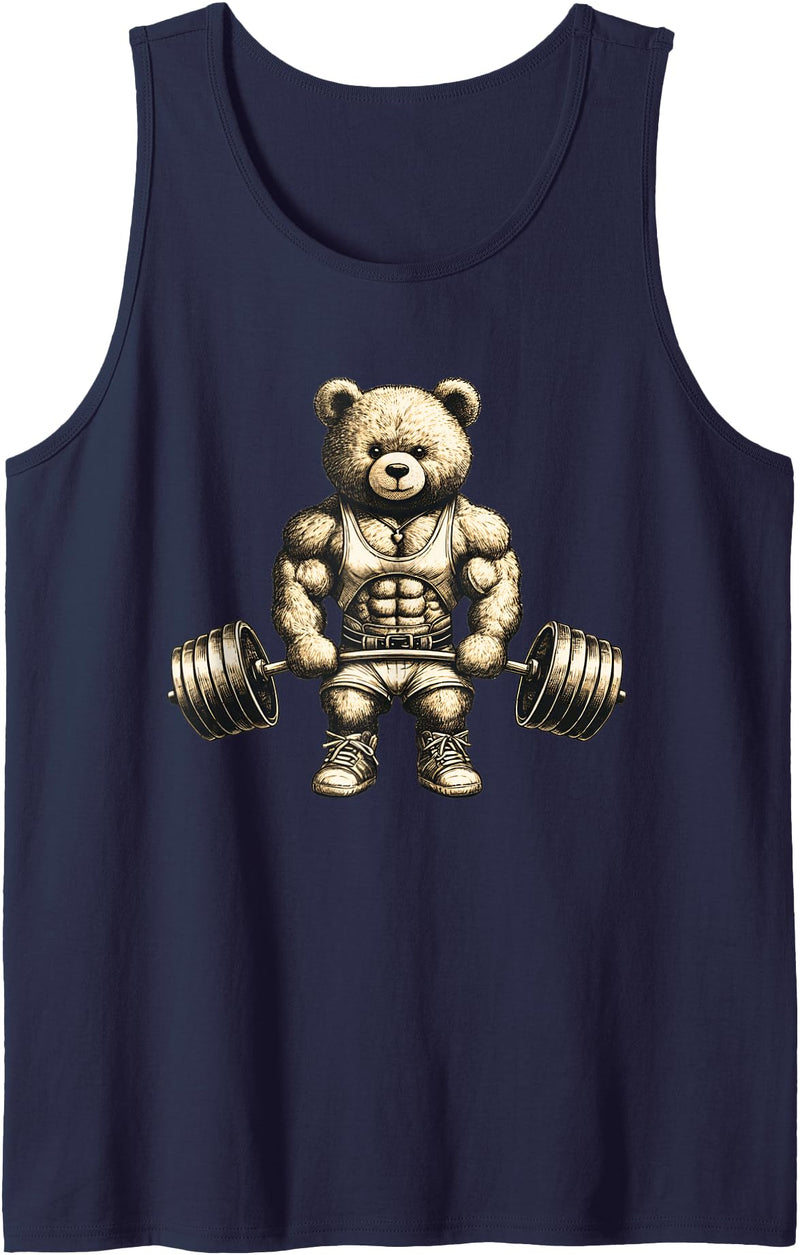 Funny Barbell Gym Graphic Tees for Women Men Kids Funny Teddy Bear Lifting Weights Gym Workout Animal Shirts Tank Top - Navy Blue