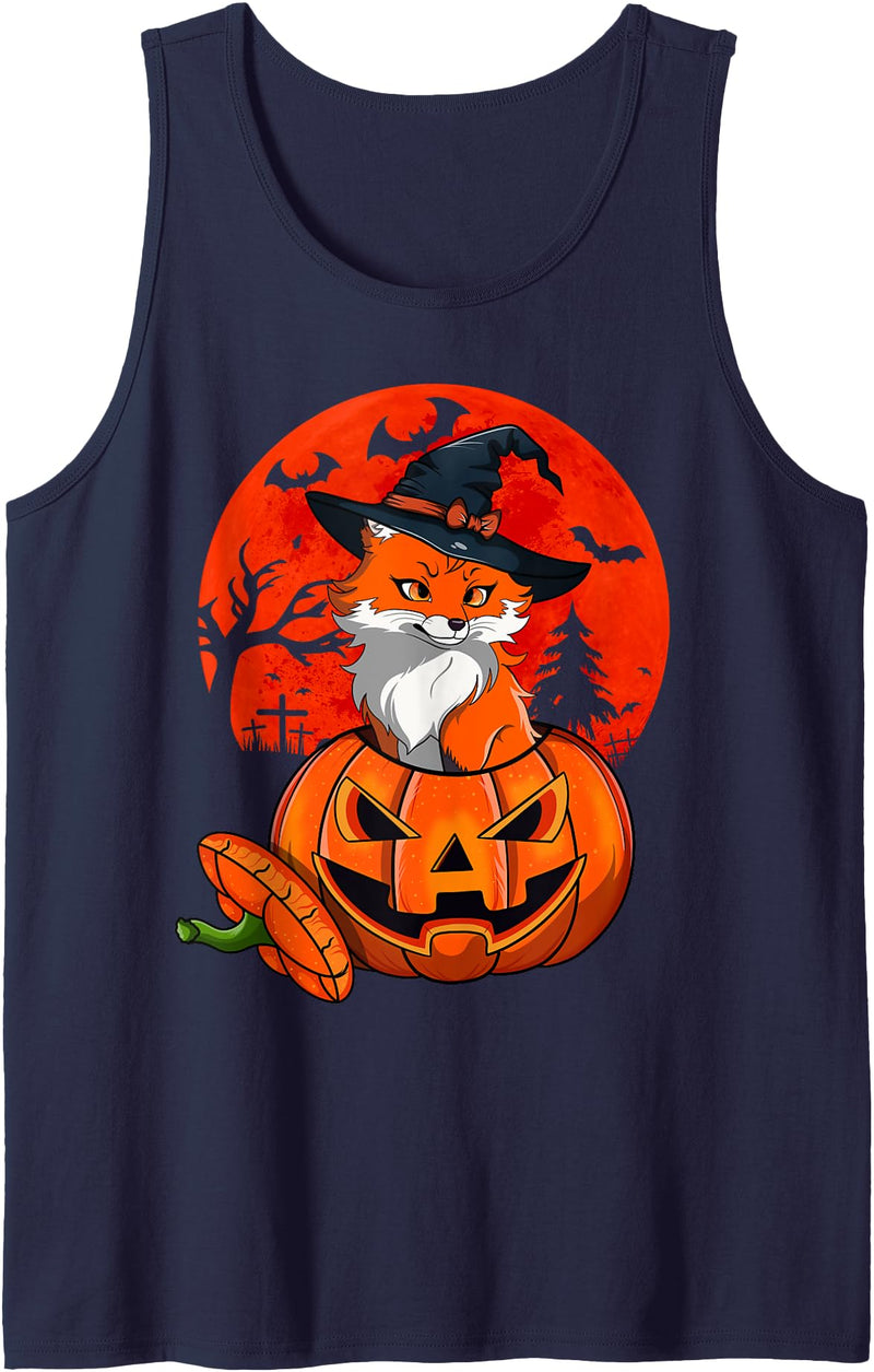 Funny Halloween, Pumpkin, Cute Fox Witch Cute Fox Witch Halloween Pumpkin Moon, Funny Fox Halloween Tank Top - Navy Blue