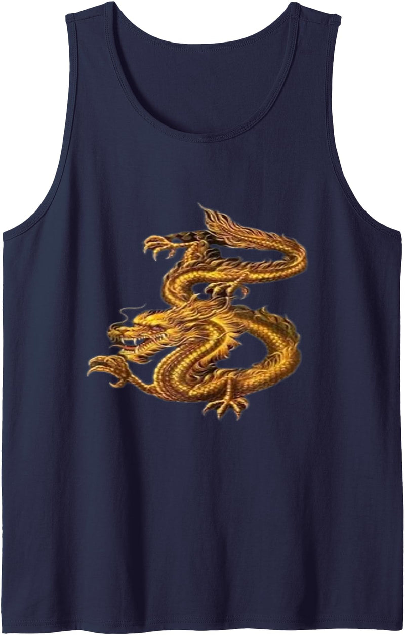 BISAZA Gold Dragon China War Graphic Novelty Golden Tank Top - Navy Blue