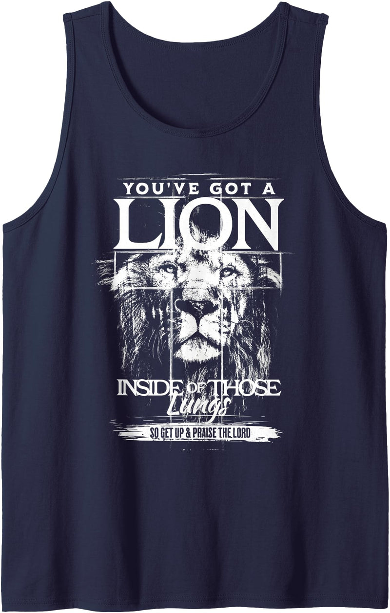 Lion in Lungs Christian Shirts & Gifts You've Got a Lion Inside of Those Lungs Praise the Lord Tank Top - Navy Blue