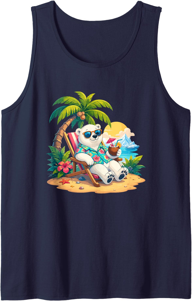 Tropical Polar Bear Summer Beach Vibes Relaxing Beach Vacation Polar Bear Hawaii Tank Top - Navy Blue