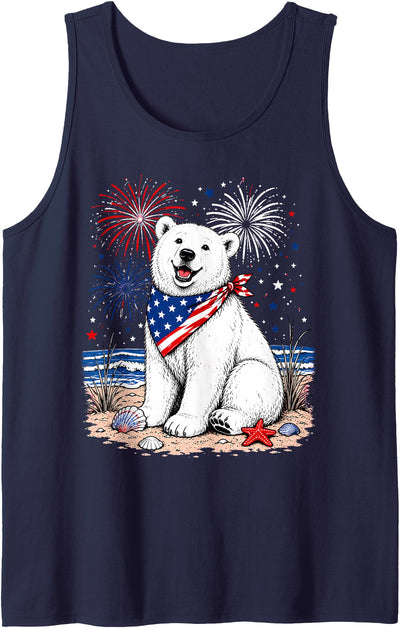 Happy Polar Bear Patriotic Beach Fireworks 4th July Tank Top