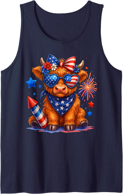 Cute Coquette Highland Cow 4th of July Patriotic Coquette Tank Top