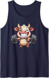Cute Gym Cow Weightlifting Animal Workout Funny Cow Lifting Barbell Strength Workout Fitness Tank Top - Navy Blue