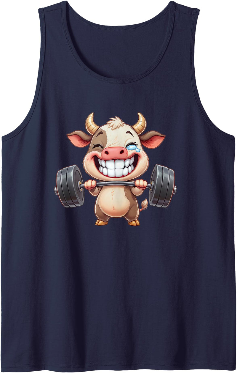 Cute Gym Cow Weightlifting Animal Workout Funny Cow Lifting Barbell Strength Workout Fitness Tank Top - Navy Blue