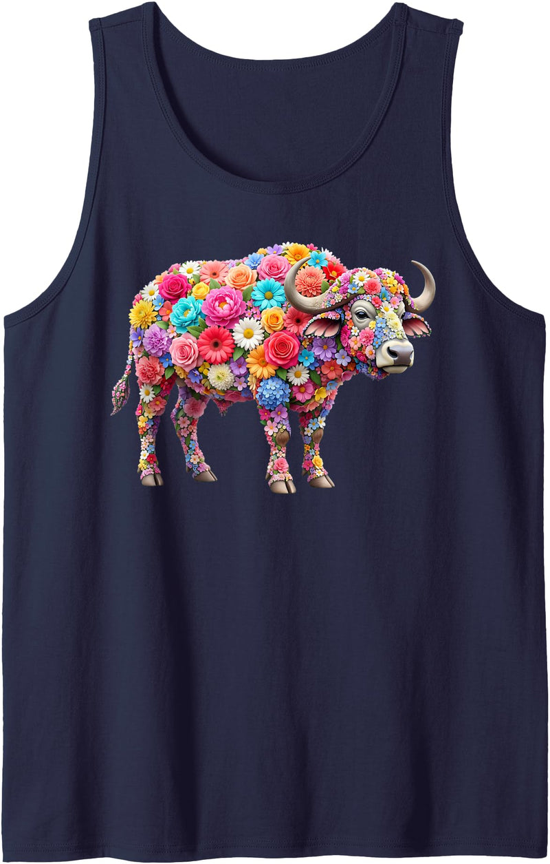 Buffalo lover for Women Men Kids Cute Flower Buffalo on Summer Floral Buffalo Tank Top - Navy Blue