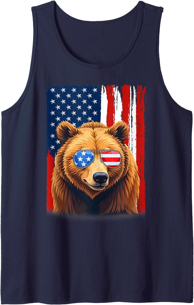 Patriotic USA Flag Grizzly Bear 4th of July Co. Grizzly Bear US America Flag Men Women 4th of July Patriotic Tank Top - Navy Blue