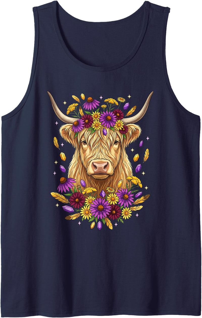 Boho Scottish Highlander Cow Apparel Cute Floral Boho Scottish Highlander Cow Wildflower Graphic Tank Top - Navy Blue