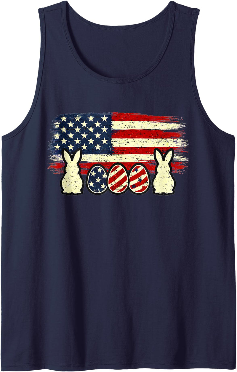 Easter Egg Bunny American Flag Patriotic USA Men Women Tank Top in Navy Blue