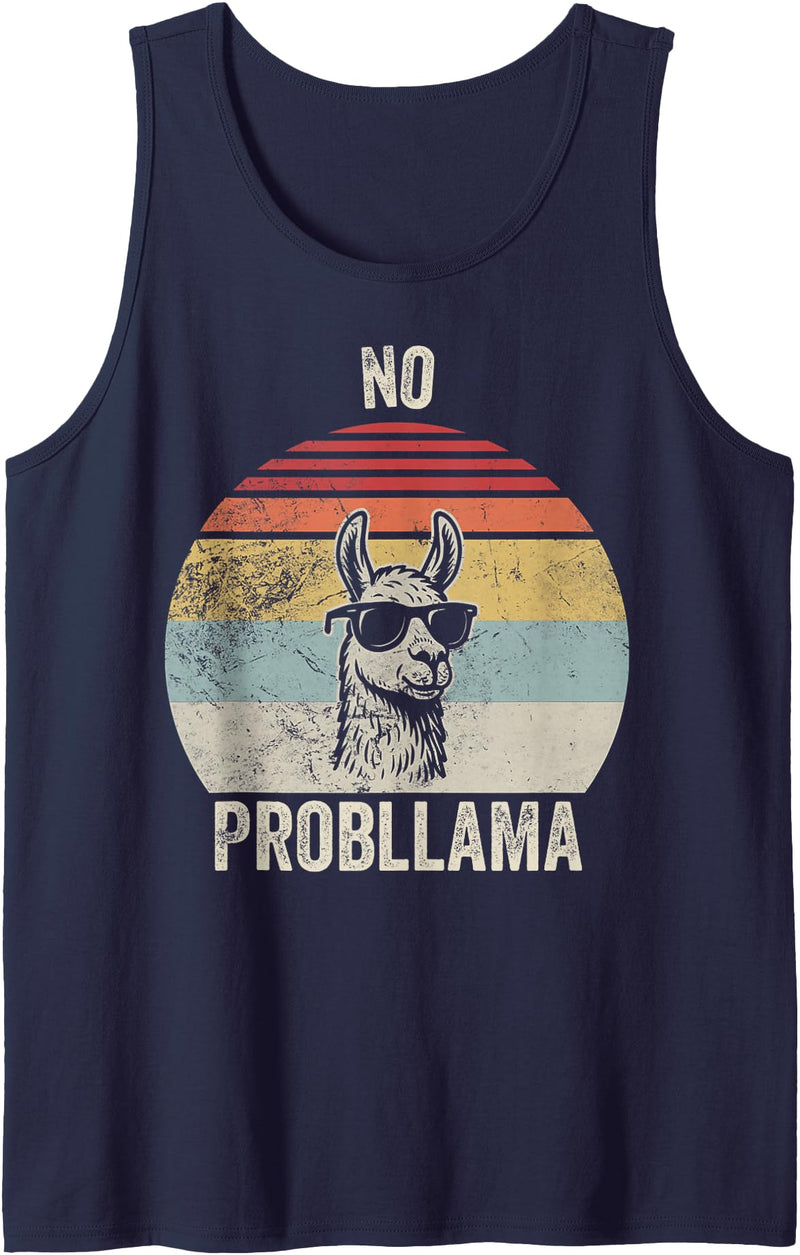 Retro Vintage Cool Llama Fun Humor No Probllama Cool Llama Sunglasses Joke Tank Top - Navy Blue