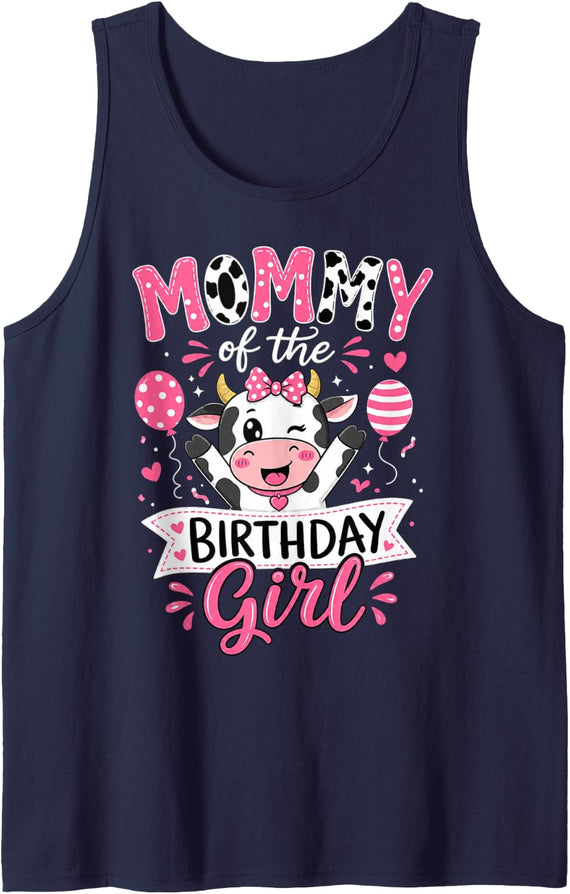 Mommy of the Birthday Girl Cow Face Celebration Tank Top - Navy Blue