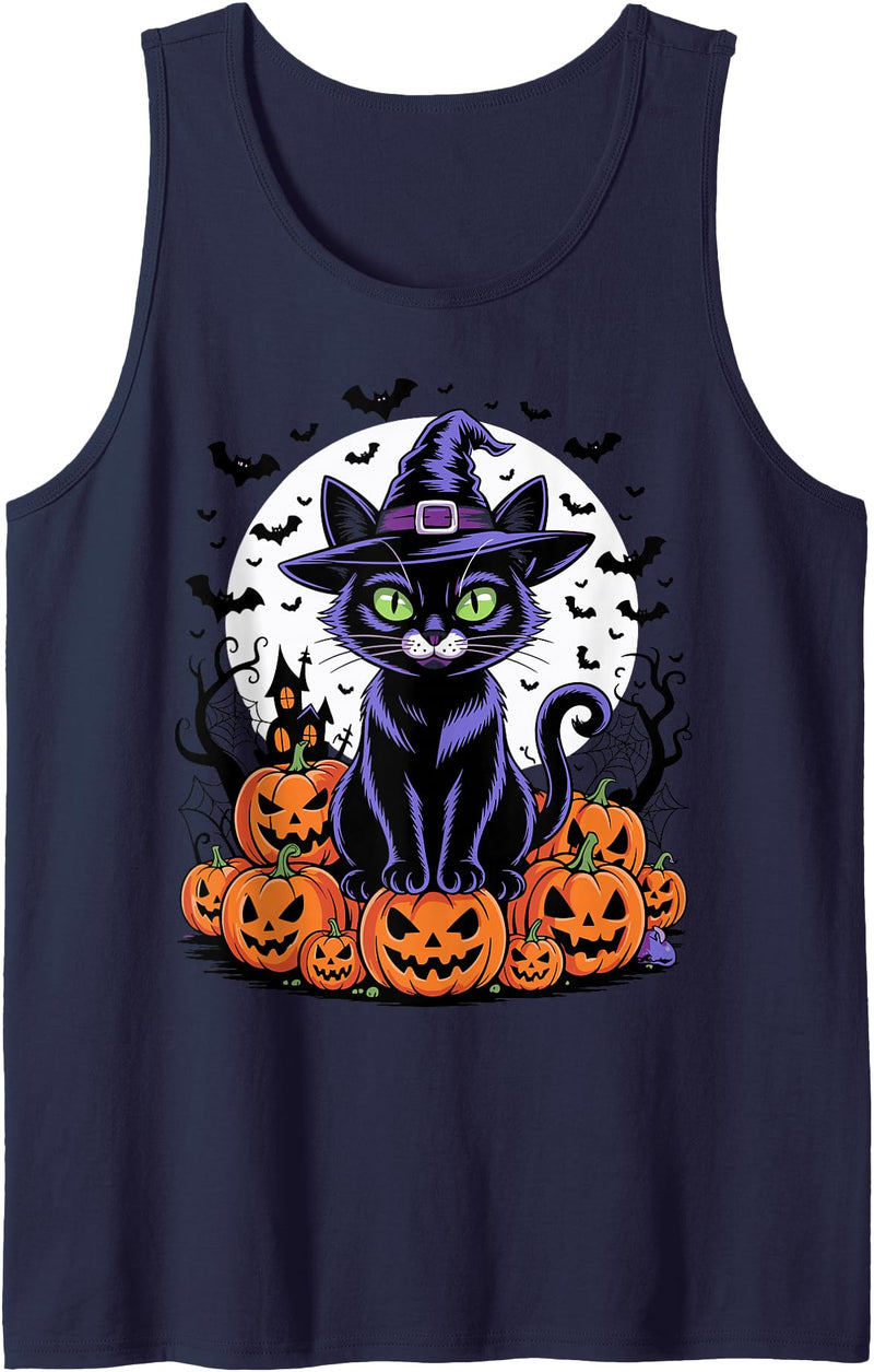 Halloween Cute Ghost Pumpkin Cat Shirt Men Women Vintage Black Cat Halloween Spooky Pumpkins Apparel for Kids Tank Top -