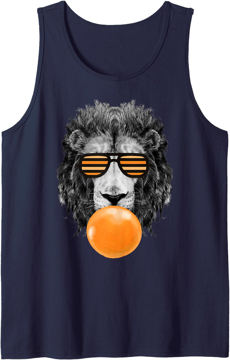 Bubble Gum Animals Lions Face Kids, Women, Men Orange Bubble Gum Lion Stripe Sunglasses Lion Head Tank Top - Navy Blue