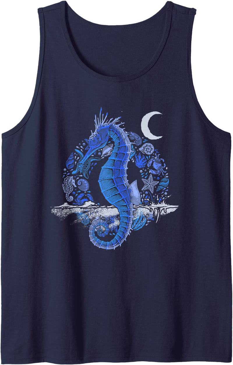 Seahorse Underwater Animal Aquarium Fish Ocean Sea Creature Crescent Moon Underwater Seahorse Tank Top - Navy Blue