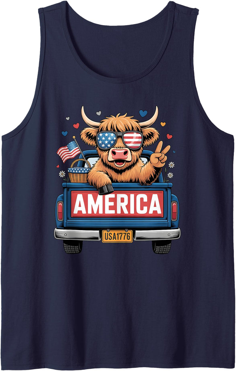 America Highland Cow Fireworks Truck Parade Gifts Patriotic Truck Highland Cow Cute 4th of July American Flag Tank Top -