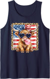 4th of July Highland USA Flag Patriotic Cow Farmer 4th of July Highland Cow Leopard Print USA Flag Messy Hair Tank Top -