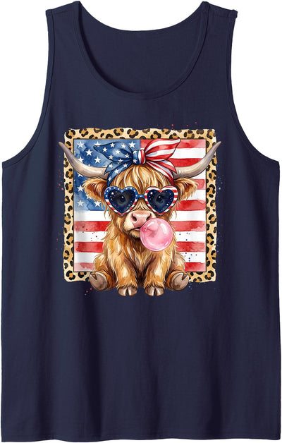 4th of July Highland Usa Flag Patriotic Cow Farmer Cow Tank Top