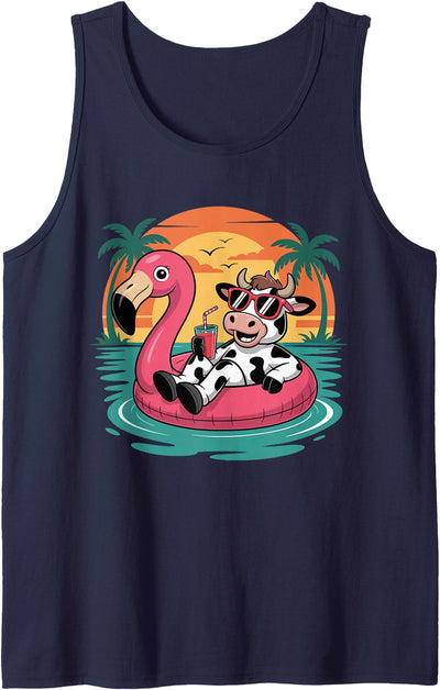 Funny Cow Hawaiian Float Beach Summer Vacation Cow Tank Top