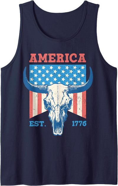 Nyc Vintage Bull Skull Cow American Flag 1776 Patriot Tank Top