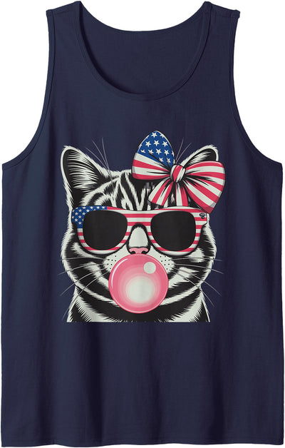 4Th Of July Cat Bubble Gum Glasses Coquette Patriotic Cat 4Th Of July Bow American Flag Girls Women Tank Top