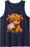 Cute Highland Cow Lover Gifts f Kids, Girls, Women Highland Cow with Peony Tank Top - Navy Blue