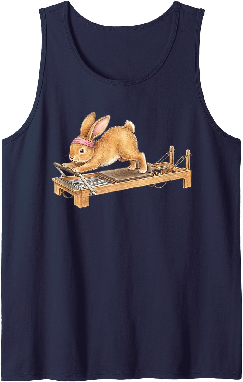 Cute Bunny Doing Reformer Pilates Machine Easter Pilates Tank Top in Navy Blue