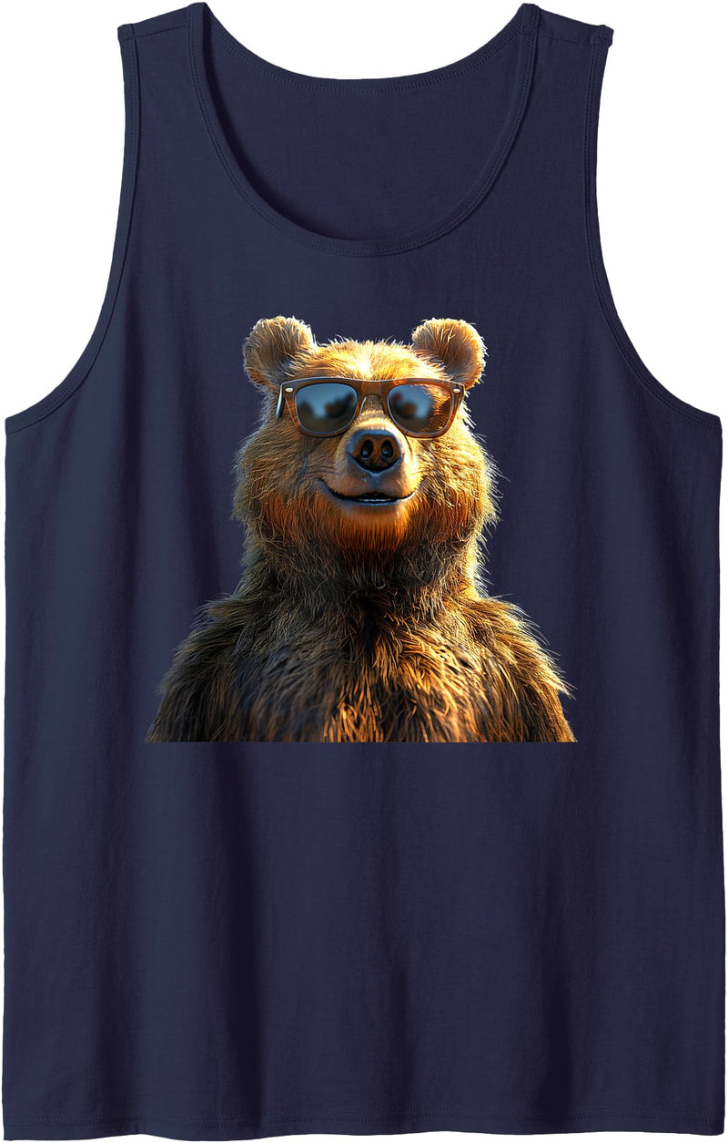Funny Brown Bears for Grizzly Bear Lovers Brown Bear with Sunglasses Grizzly Bears Wild Brown Bear Tank Top - Navy Blue