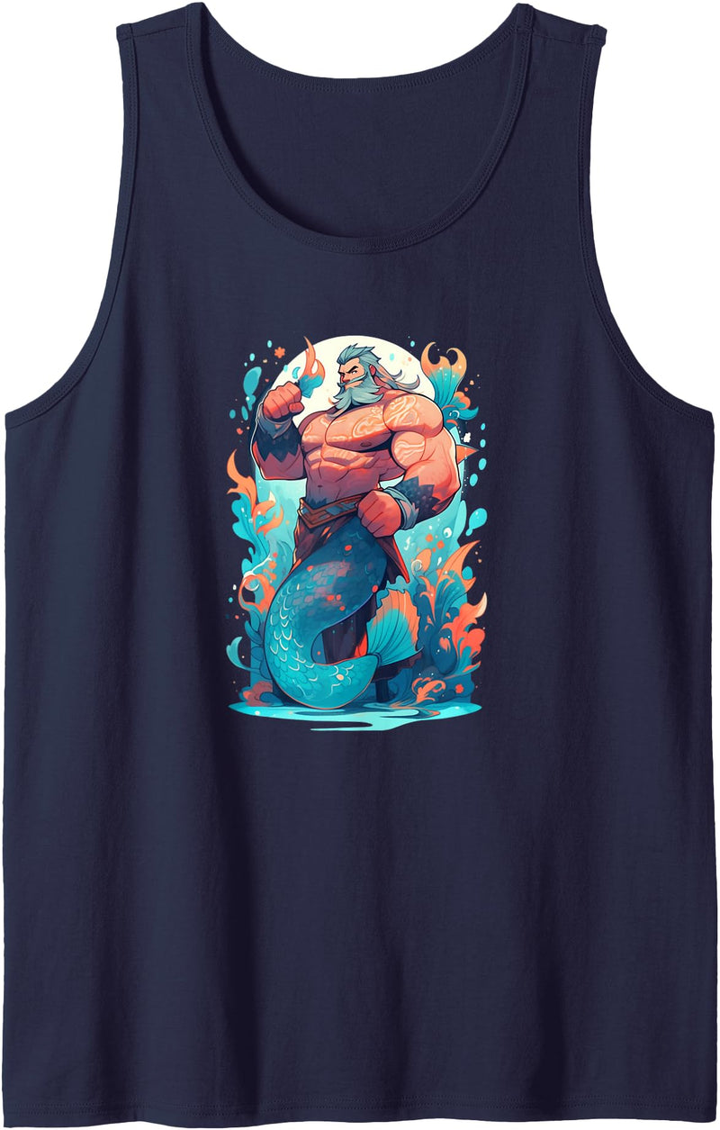 Gay Pride Merman Bear Muscle Daddy Hunk Mermaid Merdaddy Security Merman Daddy Fish Father's Day Mermaid Men Tank Top - Navy Blue