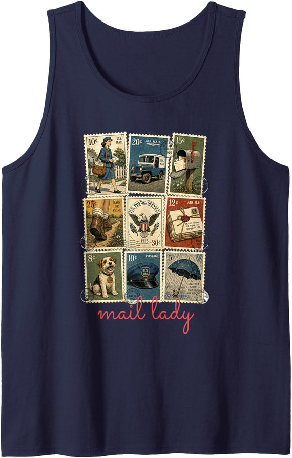 Retired Mail Lady Postal Stamps Mailwoman Post Office Woman Tank Top - Navy Blue