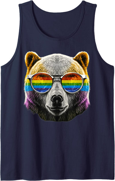 Mens Gay Bear LGBTQ Rainbow Sunglasses Pride Flag Daddy Bear Tank Top