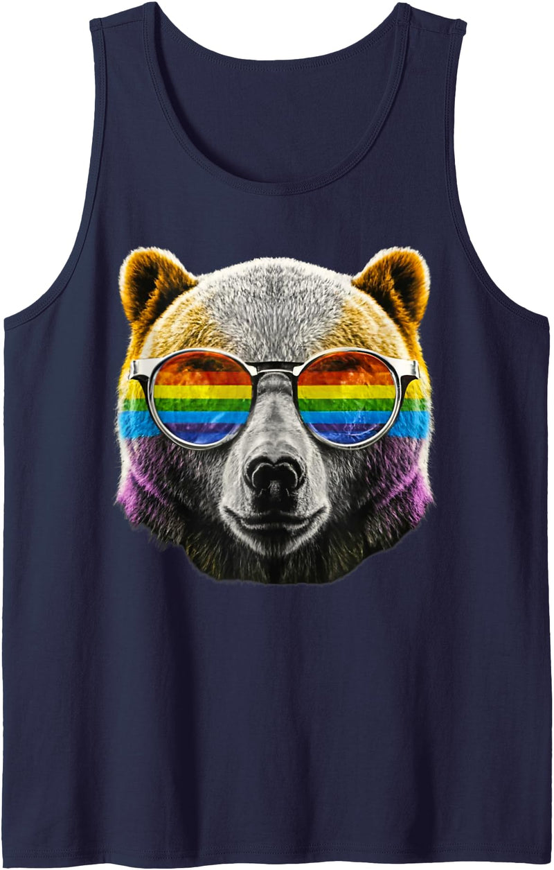 Gay Daddy Bear Funny LGBT Gay Pride LGBTQIA Gifts Mens Gay Bear LGBTQ Rainbow Sunglasses Pride Flag Daddy Bear Tank Top - Navy Blue