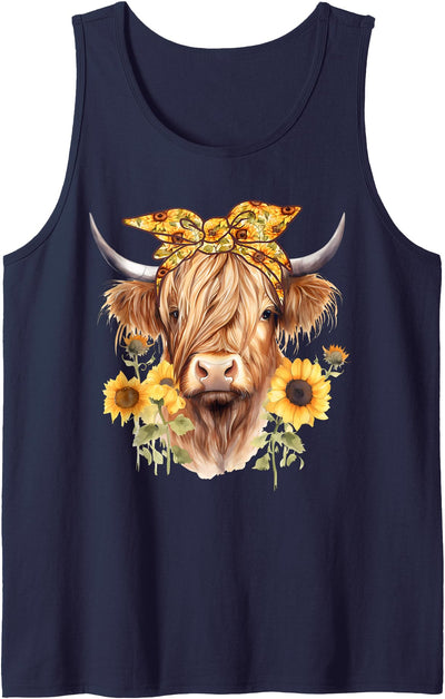 Cute Scottish Highland Cow Wearing Sunflower Bandana Heifer Tank Top