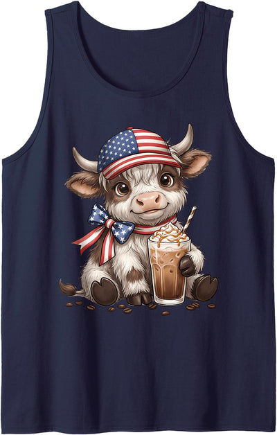 American Highland Cow Usa Flag Patriotic 4th of July Tank Top