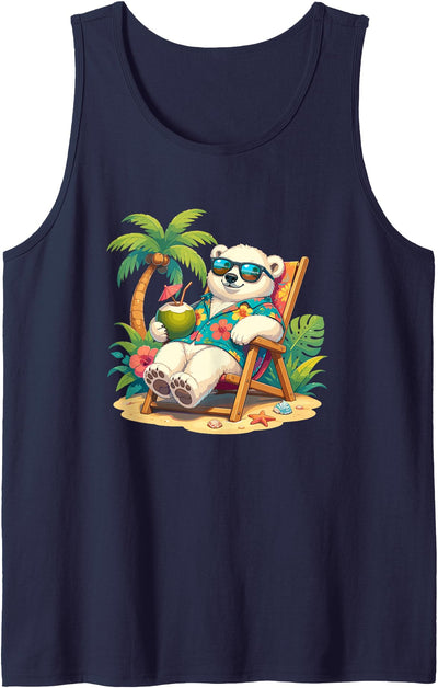 Tropical Polar Bear Summer Beach Vibes Relaxed Polar Bear Hawaiian Shirt Summer Beach Tank Top
