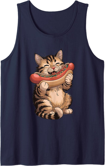 Animal Cat Hot Dog Hotdog Pet Foodie Cat Eating Hot Dog Tank Top