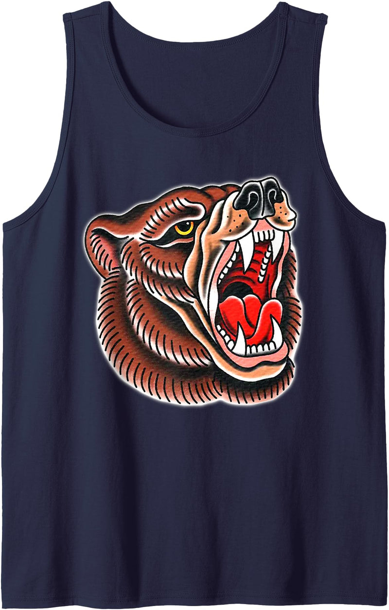 Urban Empyre Grizzly Bear Brown Tattoo Flash Tank Top - Navy Blue