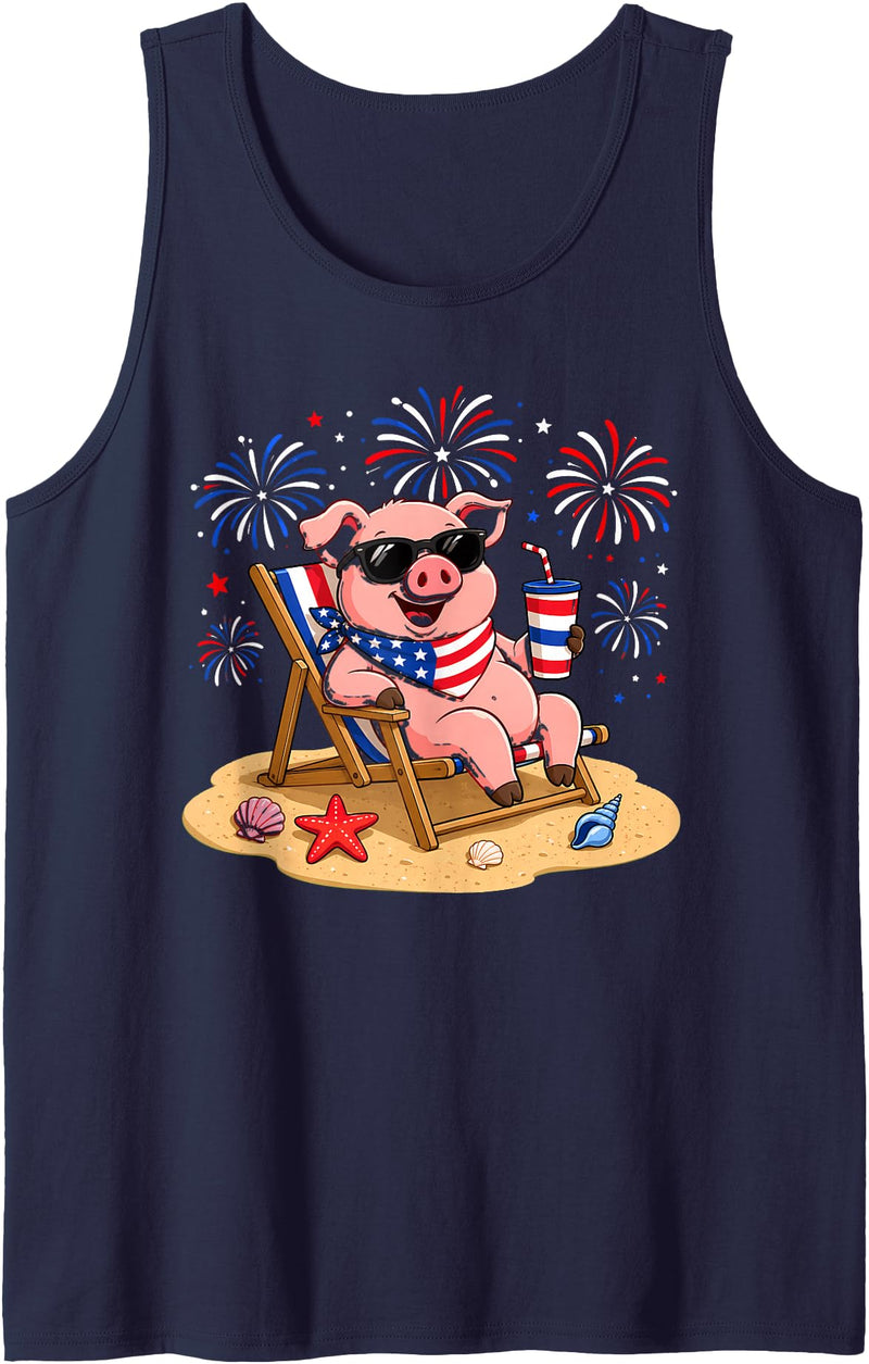 Pig Patriotic Happy Beach Paws Co 4th of July Pig Happy Beach Patriotic Animal Lovers Tank Top - Navy Blue