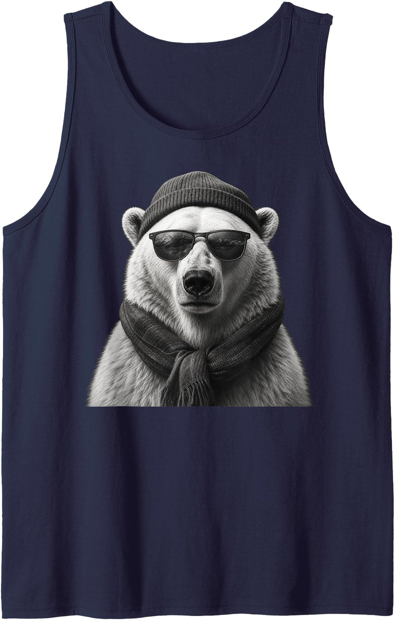 Polar Bear Enthusiast Polar Bear in Sunglasses Monochrome Illustration Tank Top - Navy Blue