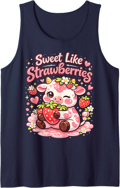 Sweet Like Strawberries Cute Cow Kawaii Fruit Tank Top