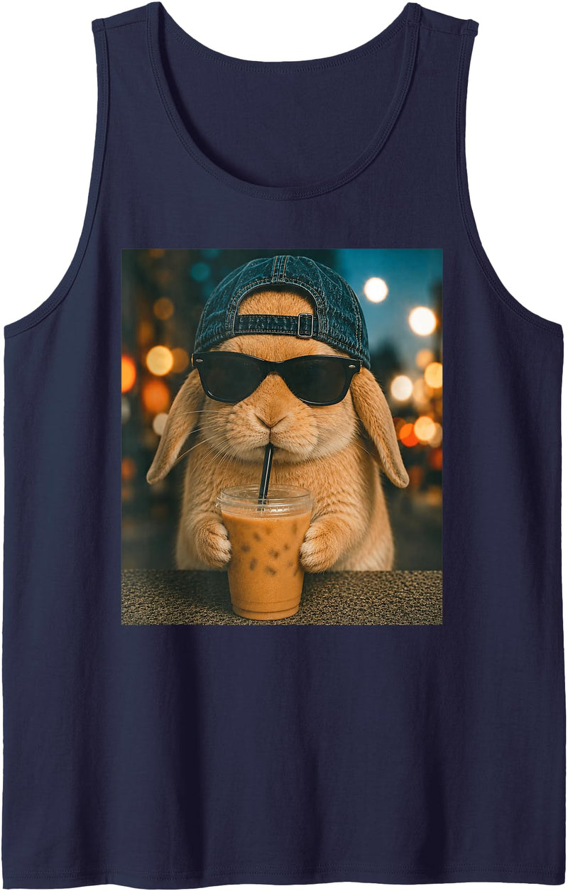 Funny Rabbit Drinking Iced Coffee Bunny Tank Top in Navy Blue