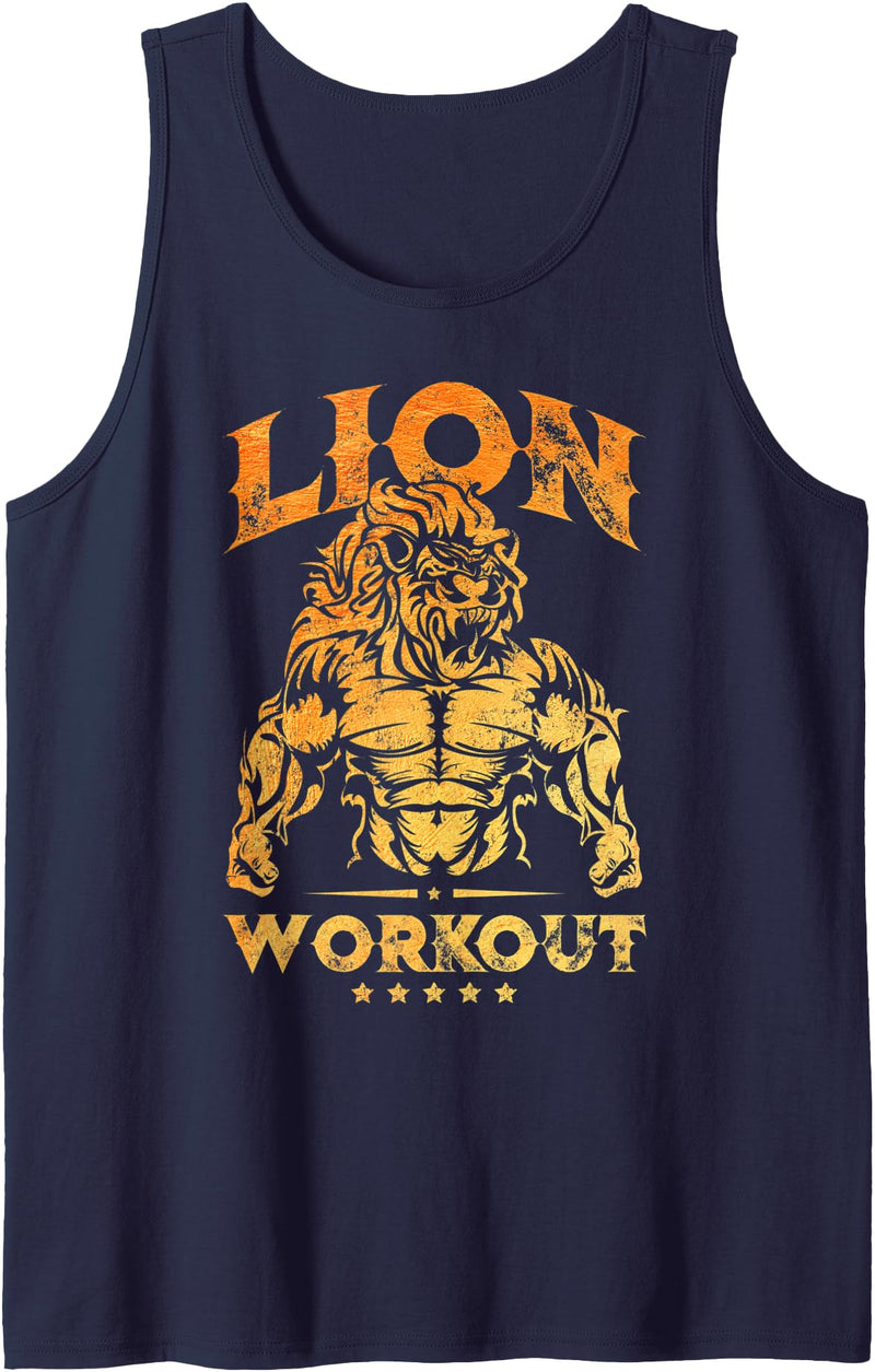 Workout Fitness Gym Shirts Lion Workout Gold Beast Muscle Fitness Gym Animal Tank Top - Navy Blue
