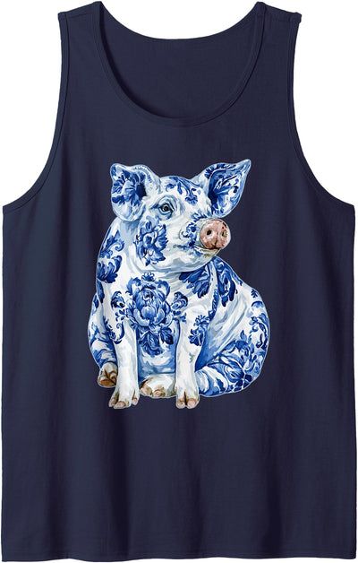 Pig with Flowers Chinoiserie Blue Toile Floral Delft Art Tank Top