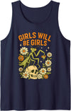 Vintage Dark Humor Feminist Insect Floral Skull Girl Will Be Girls Praying Mantis Retro Halloween Tank Top - Navy Blue