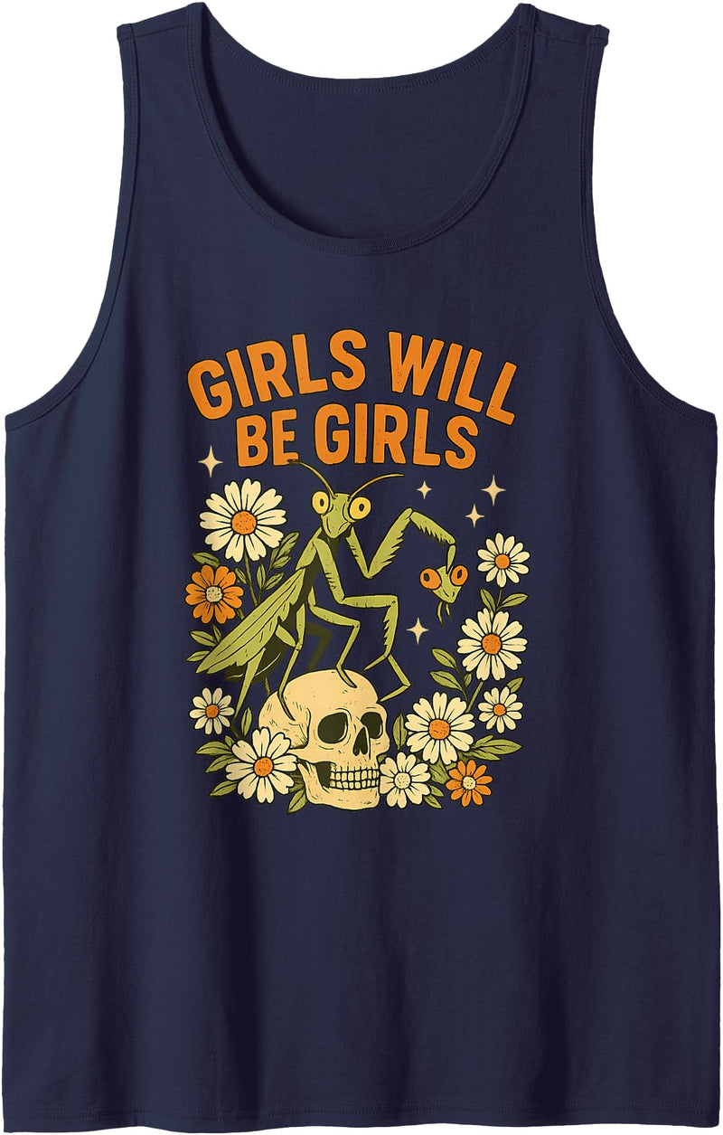Vintage Dark Humor Feminist Insect Floral Skull Girl Will Be Girls Praying Mantis Retro Halloween Tank Top - Navy Blue