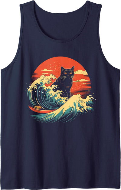 Black Cat Japanese Wave Vintage Apparel Co. Cat Japanese Wave Surfer Surf Vintage Funny Black Cat Lover Tank Top