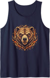 Wild Grizzly Bear Fire Mountain Nature Fiery Grizzly Bear Head Flames Wilderness Tank Top - Navy Blue